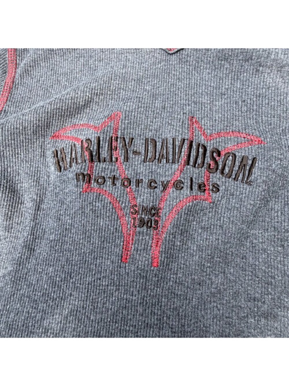 Harley-Davidson Womens Blue Waffle Knit Long Sleeve V-Neck Shirt With Red Stitch - Picture 2 of 3